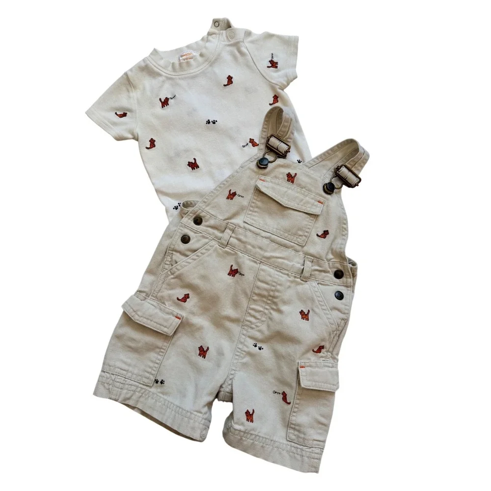 VTG Gymboree Baby Boy 2pc Set Khaki Tiger Embroidered Cargo Overalls Shirt 6-12M